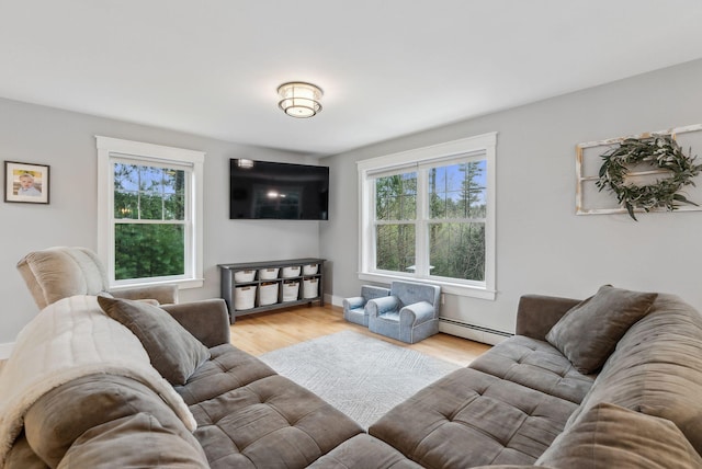 33 Old Dynamite Way, Gorham, ME 04038 - living area featuring a baseboard heating unit, plenty of natural light, and wood finished floors