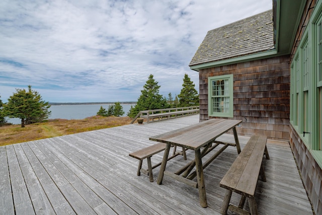 421 Petitmanan Point Rd, Steuben, ME 04680 - wooden terrace featuring a water view and outdoor dining area