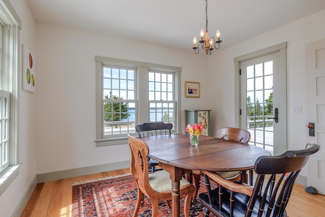 421 Petitmanan Point Rd, Steuben, ME 04680 - dining area with healthy amount of natural light, a chandelier, and light wood-type flooring