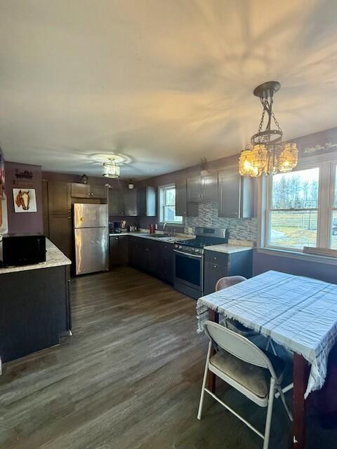 kitchen with decorative backsplash, light countertops, stainless steel appliances, dark wood finished floors, and a sink