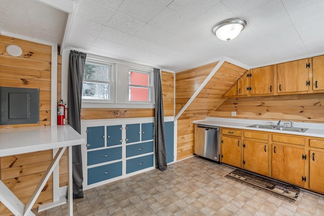57 Oxford St, Augusta, ME 04330 - kitchen featuring electric panel, stainless steel dishwasher, light countertops, a sink, and wooden walls