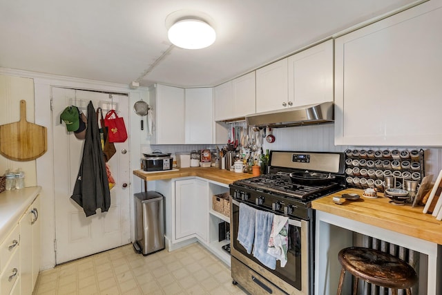 57 Oxford St, Augusta, ME 04330 - kitchen featuring white cabinets, gas stove, wood counters, light floors, and under cabinet range hood