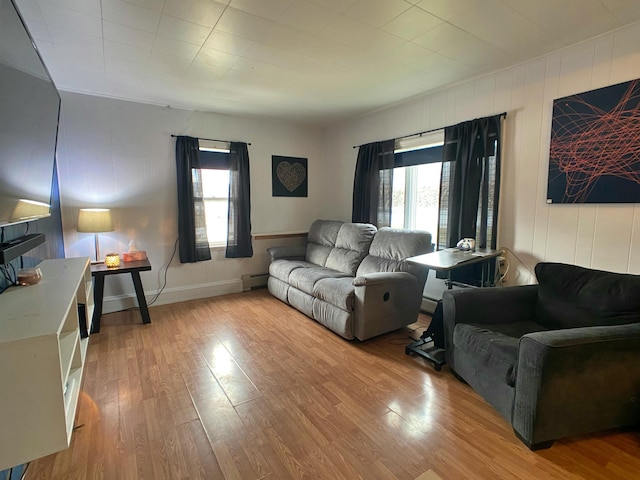 living room featuring baseboards, light wood-style flooring, a healthy amount of sunlight, and a baseboard heating unit
