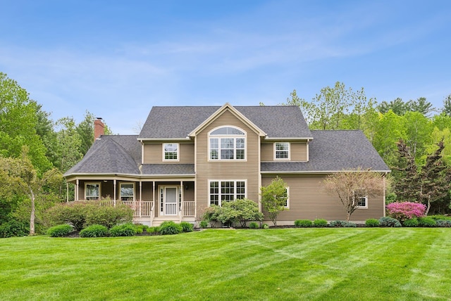 31 Green Trees Dr, Gorham, ME 04038 - back of property featuring a lawn, a porch, a chimney, and a shingled roof
