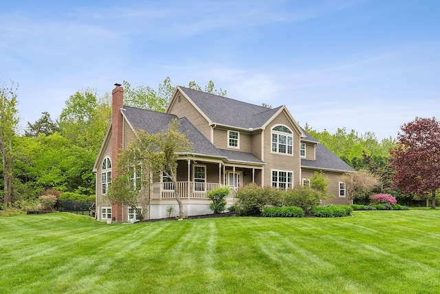 31 Green Trees Dr, Gorham, ME 04038 - view of front of property featuring a front yard, a chimney, a porch, and roof with shingles