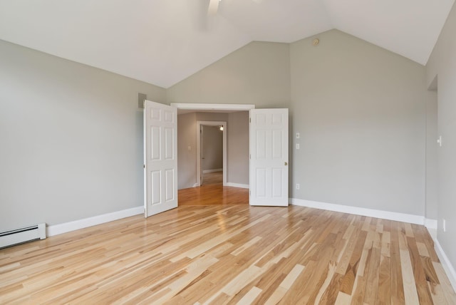 31 Green Trees Dr, Gorham, ME 04038 - empty room featuring vaulted ceiling, light wood-style floors, baseboards, ceiling fan, and baseboard heating