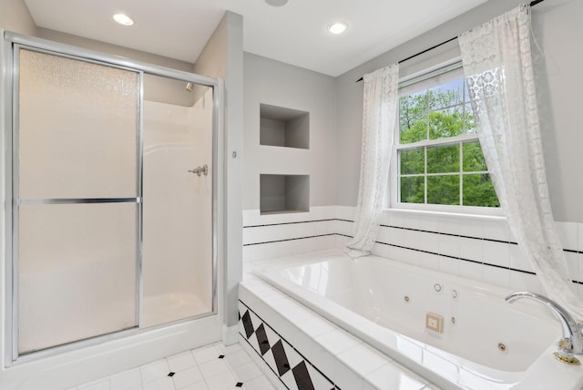 31 Green Trees Dr, Gorham, ME 04038 - full bathroom featuring a shower stall, a whirlpool tub, tile patterned flooring, and recessed lighting
