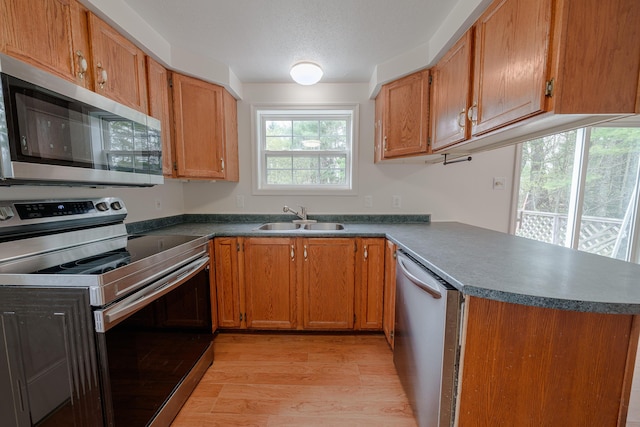 452 Moosehead Trl, Waldo, ME 04915 - kitchen with stainless steel appliances, a sink, light wood-type flooring, a peninsula, and dark countertops