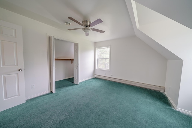 452 Moosehead Trl, Waldo, ME 04915 - unfurnished bedroom with baseboard heating, carpet floors, baseboards, ceiling fan, and a closet