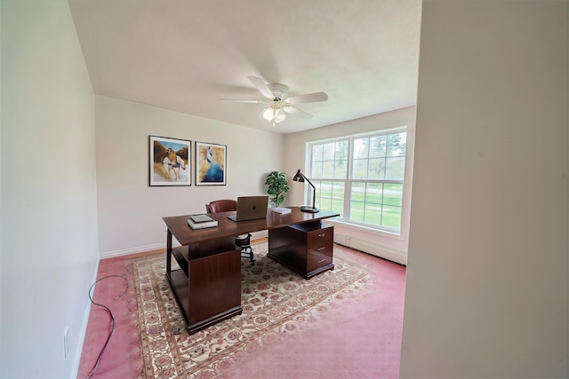 452 Moosehead Trl, Waldo, ME 04915 - office area featuring a ceiling fan, baseboards, light colored carpet, and baseboard heating