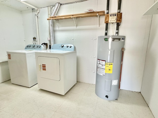 laundry room featuring electric water heater, washer and dryer, laundry area, and light floors