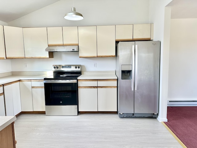 kitchen with light countertops, appliances with stainless steel finishes, under cabinet range hood, and light wood-type flooring