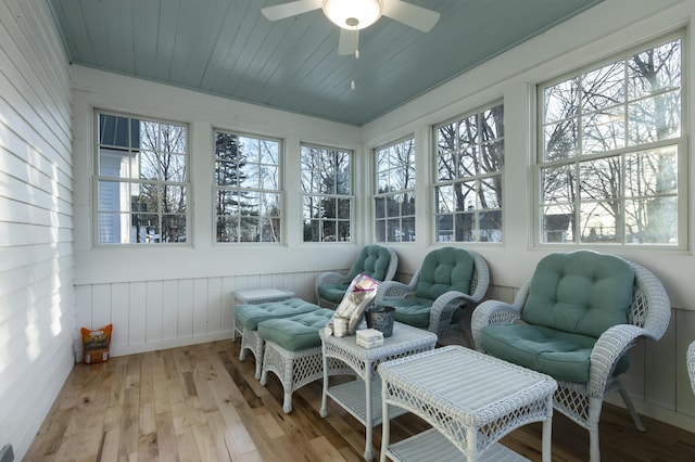 sunroom / solarium featuring a wealth of natural light, wood finished floors, and wood ceiling