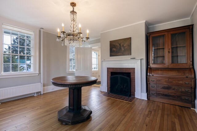 unfurnished dining area with crown molding, a fireplace, radiator heating unit, a healthy amount of sunlight, and hardwood / wood-style floors