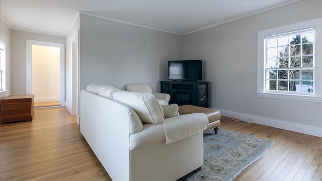 living area with crown molding, light wood-style floors, and baseboards