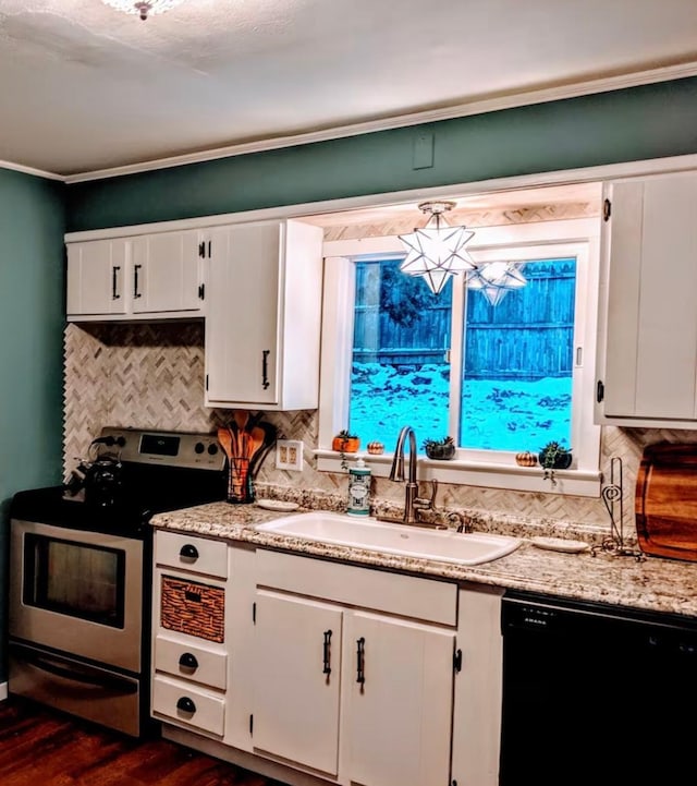 37 Bond St, Bangor, ME 04401 - kitchen featuring white cabinetry, a sink, black dishwasher, and stainless steel electric range