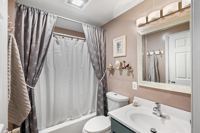 full bathroom with toilet, vanity, shower / tub combo with curtain, and visible vents