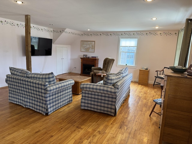 148 Pendleton Point Rd, Islesboro, ME 04848 - living area featuring light wood-style flooring, recessed lighting, a fireplace, and baseboards