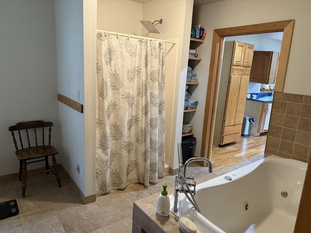 148 Pendleton Point Rd, Islesboro, ME 04848 - bathroom featuring a whirlpool tub and curtained shower