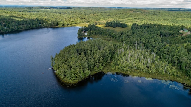 drone / aerial view of a heavily wooded area and a large body of water