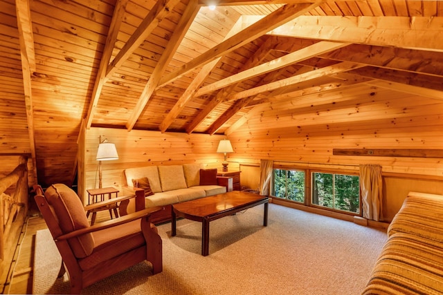 carpeted living room featuring wooden ceiling and wood walls