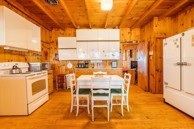 kitchen featuring white electric range oven, stainless steel microwave, wooden walls, wooden ceiling, and white cabinets