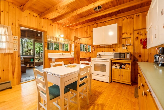 kitchen with white range with electric cooktop, stainless steel microwave, wooden walls, wood ceiling, and light wood-type flooring