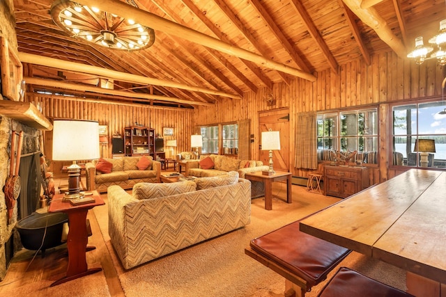 living area featuring a chandelier, wood ceiling, wood walls, beamed ceiling, and high vaulted ceiling