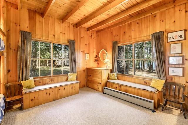 living area featuring a baseboard heating unit, beamed ceiling, wood ceiling, carpet flooring, and wooden walls