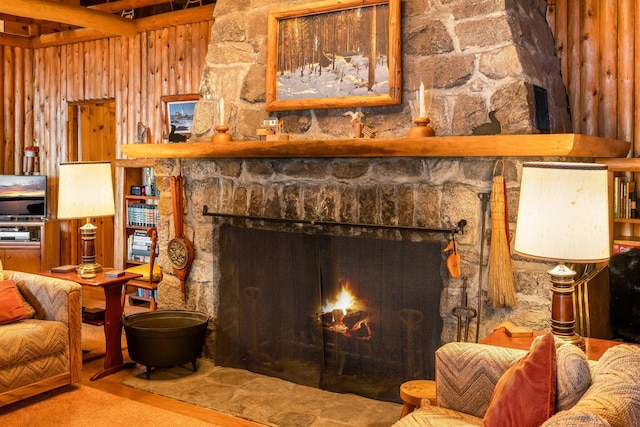 living area featuring a fireplace