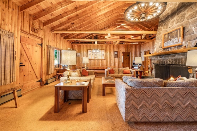 living area featuring wooden ceiling, wood walls, carpet, a fireplace, and baseboard heating
