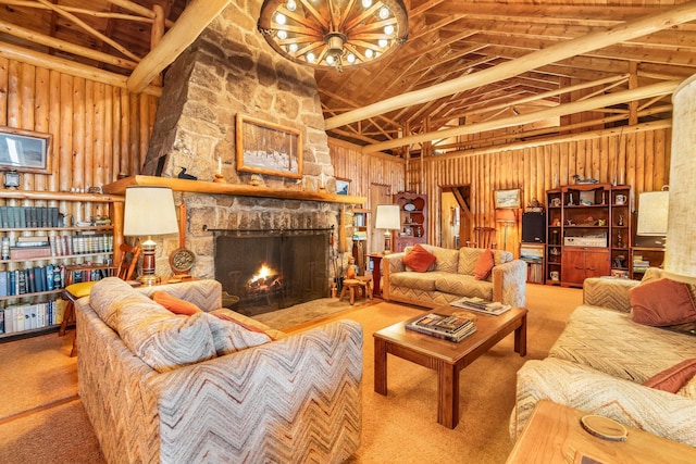 carpeted living room featuring vaulted ceiling, a fireplace, and wooden walls