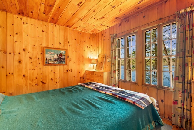 carpeted bedroom with wood walls, wooden ceiling, and a water view
