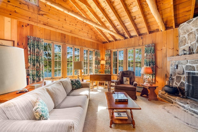 carpeted living area with wooden ceiling, wood walls, and a baseboard heating unit