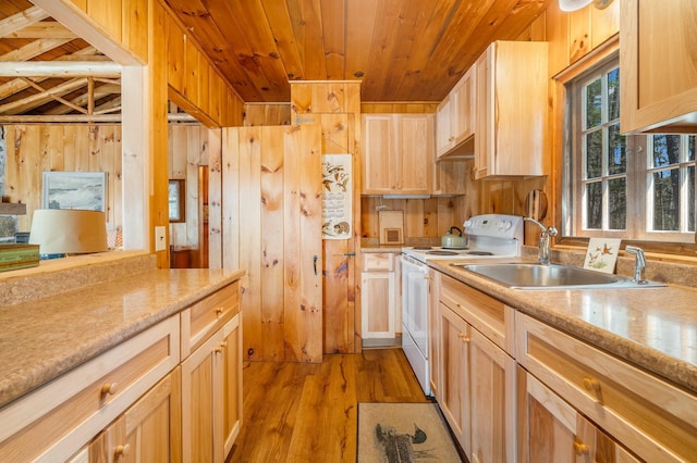 kitchen featuring white range with electric cooktop, a sink, wood ceiling, wood walls, and wood finished floors