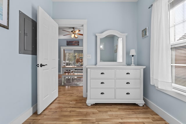bedroom featuring multiple windows, electric panel, and light wood-type flooring