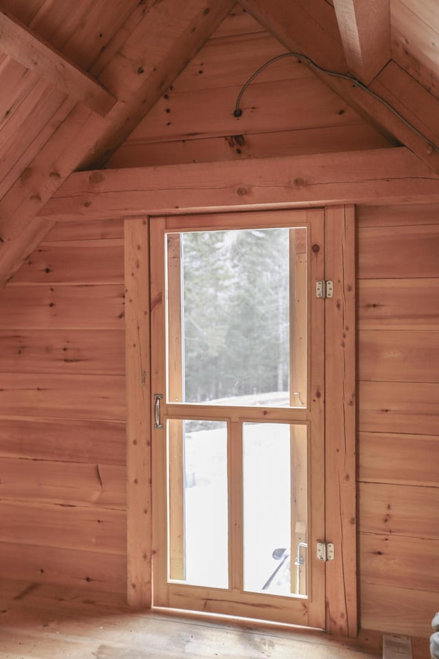 1300 Belfast Rd, Knox, ME 04986 - detailed view of wood walls, beamed ceiling, and wood ceiling