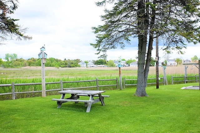 surrounding community with fence and a yard