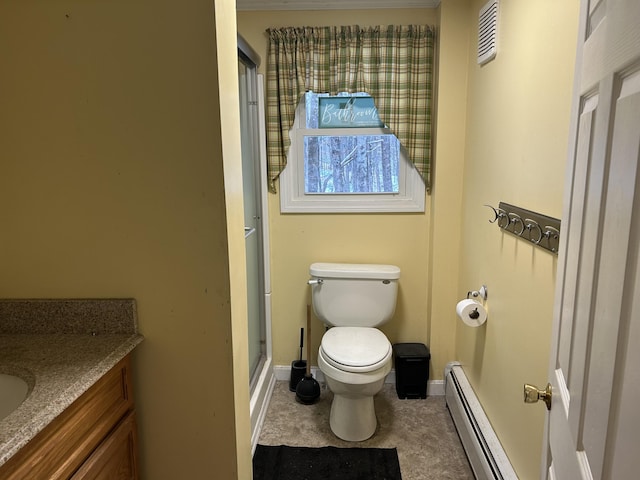 full bath with vanity, toilet, baseboards, an enclosed shower, and a baseboard radiator
