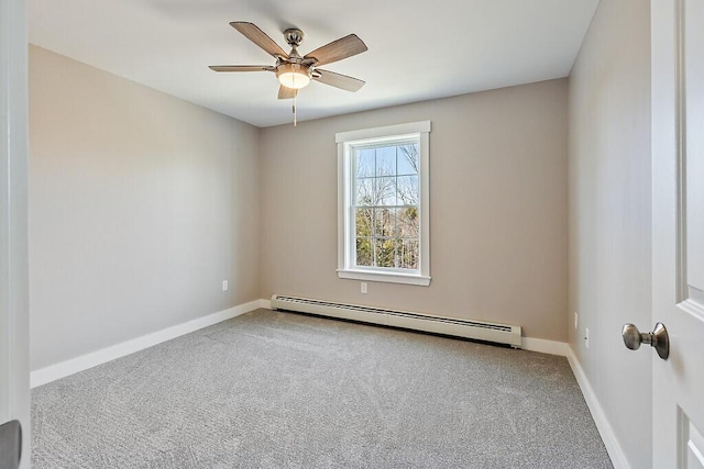 spare room featuring baseboards, carpet floors, ceiling fan, and a baseboard heating unit