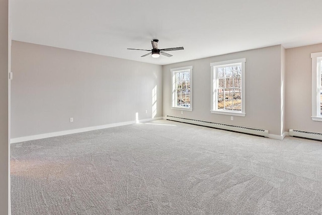 spare room featuring carpet floors, baseboards, ceiling fan, and baseboard heating
