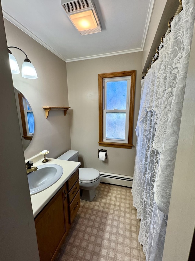 full bathroom with tile patterned floors, vanity, a baseboard radiator, and crown molding
