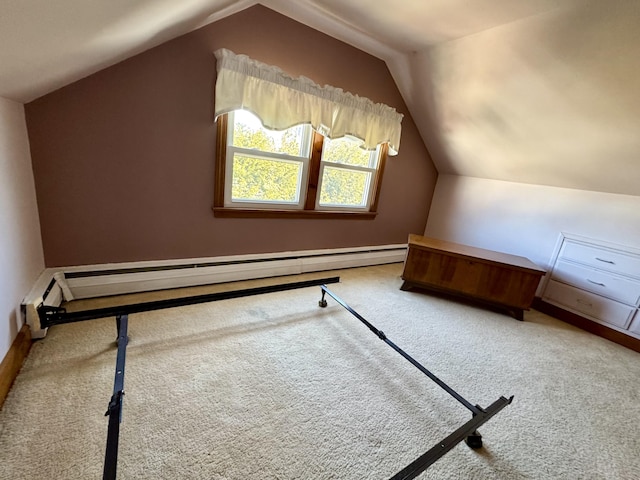 bonus room featuring lofted ceiling, baseboards, carpet floors, and a baseboard radiator