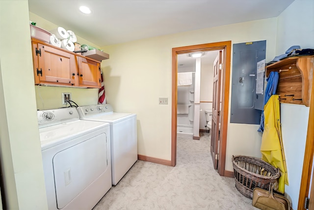 122 Oak Point Ln, Union, ME 04862 - washroom featuring cabinet space, independent washer and dryer, electric panel, light carpet, and baseboards