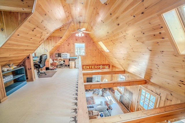 122 Oak Point Ln, Union, ME 04862 - additional living space with vaulted ceiling, a ceiling fan, wood walls, an office area, and wood ceiling