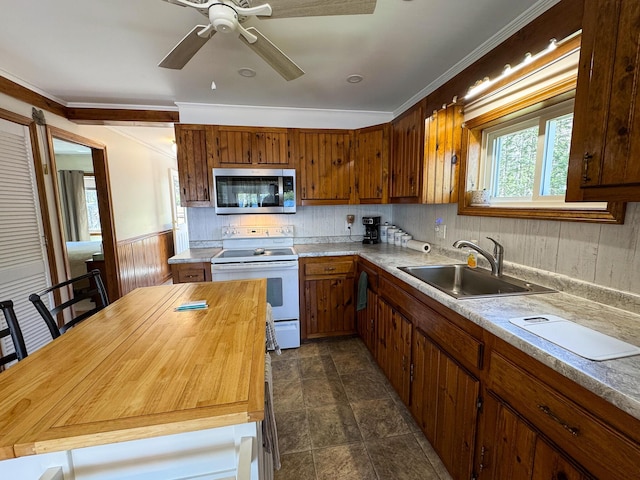 kitchen with ceiling fan, white range with electric cooktop, a sink, stainless steel microwave, and butcher block countertops