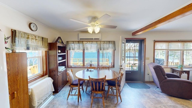 dining space with beamed ceiling, baseboards, a wall unit AC, and a ceiling fan