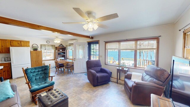 living room featuring a ceiling fan, beamed ceiling, a wall mounted AC, and baseboards