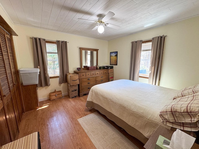 bedroom featuring ceiling fan and light wood-style flooring