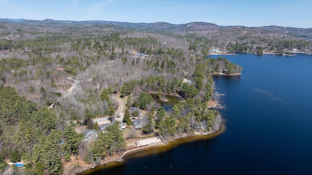 bird's eye view featuring a water and mountain view and a wooded view